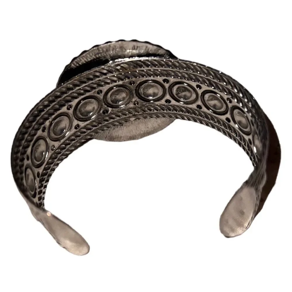 Beautiful intricate design silver cuff bracelet with turquoise stone center! New